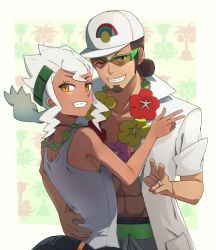 Rule 34 | 1boy, 1girl, :d, ;d, abs, alolan exeggutor, alolan form, arm around waist, bare arms, bare shoulders, baseball cap, beard, blush, brown eyes, brown hair, burnet (pokemon), collarbone, couple, creatures (company), exeggutor, facial hair, flower, flower necklace, from behind, game freak, gen 1 pokemon, gen 7 pokemon, green-framed eyewear, grin, hand on another&#039;s back, hat, highres, hsin, husband and wife, jewelry, kukui (pokemon), long hair, looking at viewer, looking back, low twintails, navel, necklace, nintendo, one eye closed, open clothes, open mouth, open shirt, over-rim eyewear, pokemon, pokemon (creature), pokemon sm, pouch, ring, semi-rimless eyewear, shirt, short sleeves, sidelocks, sleeveless, smile, spiked hair, sunglasses, tank top, teeth, twintails, upper body, v, wedding band, white hair, white hat, white shirt, yellow eyes