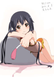 Rule 34 | 10s, 1girl, 2011, ball, bikini, black hair, blush, brown eyes, cat teaser, cattail, dated, errant, exercise ball, foreshortening, k-on!, leaning, long hair, looking at viewer, lying, nakano azusa, on stomach, outstretched arm, plant, red bikini, see-through, shadow, side-tie bikini bottom, smile, solo, striped bikini, striped clothes, swimsuit, thigh gap, twintails, very long hair, yellow bikini