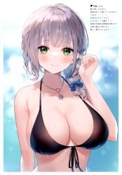 Rule 34 | 1girl, absurdres, ayamy, bare shoulders, bikini, black bikini, blush, bow, braid, breasts, cleavage, green eyes, grey hair, hair bow, highres, hololive, large breasts, looking at viewer, scan, shirogane noel, simple background, single braid, solo, swimsuit, thighs, upper body, virtual youtuber