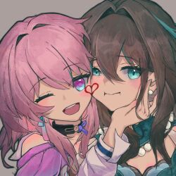 Rule 34 | 2girls, black choker, blue eyes, brown hair, chinese commentary, choker, commentary request, danshuangzeze, earrings, green eyes, green hair, grey background, hair intakes, hand on another&#039;s cheek, hand on another&#039;s face, heads together, heart, highres, honkai: star rail, honkai (series), jewelry, long sleeves, looking at viewer, march 7th (honkai: star rail), medium hair, multicolored hair, multiple girls, one eye closed, pink hair, portrait, ruan mei (honkai: star rail), shirt, simple background, single earring, streaked hair, two-tone eyes, white shirt