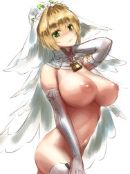 Rule 34 | 10s, 1girl, blush, breasts, bridal veil, chain, chain necklace, fate/extra, fate/extra ccc, fate (series), gloves, green eyes, hayama kazusa, highres, jewelry, large breasts, lock, looking at viewer, necklace, nero claudius (bride) (fate), nero claudius (fate), nero claudius (fate) (all), nero claudius (fate/extra), nipples, padlock, padlocked collar, thighhighs, veil