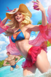 Rule 34 | 1boy, 1girl, abs, bikini, blonde hair, blue eyes, breasts, cellphone, clark kent, cloud, dc comics, frilled bikini, frills, grin, hand on headwear, hat, highres, holding, holding phone, in water, long hair, muscular, muscular male, navel, open mouth, pectorals, phone, realistic, signature, sky, small breasts, smartphone, smile, solo focus, stanley lau, sun hat, supergirl, superman, superman (series), swimsuit, teeth