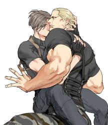 Rule 34 | 2boys, bara, black gloves, black pants, black shirt, blonde hair, brown hair, camouflage, camouflage pants, couple, curtained hair, fingerless gloves, gloves, green pants, holster, jack krauser, large pectorals, leon s. kennedy, male focus, multiple boys, muscular, muscular male, pants, pectorals, resident evil, resident evil 4, scar, scar across eye, scar on face, shirt, short hair, shoulder holster, simple background, sitting, sitting on person, tatsumi (psmhbpiuczn), white background, yaoi