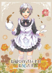 Rule 34 | 1boy, alternate costume, arikawa kinu, bad id, bad pixiv id, black hair, bow, copyright name, cover, cover page, crossdressing, cup, detached collar, enmaided, flower, frills, green eyes, ludger will kresnik, maid, maid headdress, male focus, multicolored hair, plate, ribbon, skirt, smile, solo, tales of (series), tales of xillia, tales of xillia 2, teacup, teapot, thighhighs, trap, two-tone hair, white hair, white thighhighs