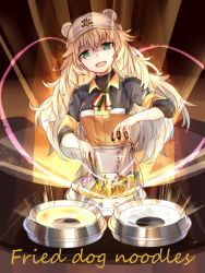 Rule 34 | 1girl, apron, bandana, black shirt, blonde hair, bobo (6630978), bullet, cooking, english text, girls&#039; frontline, green eyes, highres, jacket, long hair, looking at viewer, multicolored clothes, multicolored jacket, open mouth, s.a.t.8 (girls&#039; frontline), shield module, shirt, simple background, smile, solo, turtleneck, upper body, white apron, white bandana