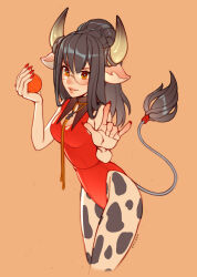 Rule 34 | 1girl, artist name, bare arms, bare shoulders, breasts, brown background, cow girl, cow horns, cow tail, cropped legs, deviantart sample, food, fruit, glasses, green eyes, hair ornament, hairclip, highres, holding, holding food, horns, image sample, leotard, long hair, medium breasts, nail polish, orange (fruit), original, oxcoxa, pantyhose, parted lips, red leotard, red nails, round eyewear, smile, solo, tail, teeth