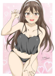 Rule 34 | 1girl, ashigara (kancolle), black camisole, black panties, breasts, brown eyes, brown hair, camisole, commentary request, cowboy shot, fang, gakky, hairband, kantai collection, large breasts, long hair, panties, pink background, skin fang, solo, thigh gap, underwear, white hairband