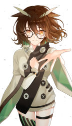 Rule 34 | 1girl, arknights, black-framed eyewear, broken eyewear, brown eyes, brown hair, chinese commentary, clear regulus, commentary request, cowboy shot, dress, feather hair, glasses, grey dress, hair between eyes, hand on own chest, long sleeves, looking at viewer, reaching, reaching towards viewer, short dress, short hair, silence (arknights), simple background, single thighhigh, smile, solo, standing, thigh strap, thighhighs, thighs, white background