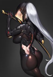Rule 34 | 1girl, back, breasts, gradient background, helmet, highres, holding, holding sword, holding weapon, k jin, long hair, looking at viewer, original, red eyes, silver hair, solo, sword, very long hair, weapon