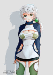 Rule 34 | 10s, 1girl, adapted costume, bad id, bad pixiv id, braid, braided ponytail, breasts, cleavage, cleavage cutout, clothing cutout, commentary request, cowboy shot, green eyes, green thighhighs, hair ornament, highleg, highleg panties, highres, kantai collection, large breasts, legs apart, long hair, meme attire, open-chest sweater, panties, revealing clothes, ribbed sweater, shadow, silver hair, single braid, solo, standing, sweater, tebi (tbd11), thighhighs, turtleneck, underwear, unryuu (kancolle), zettai ryouiki