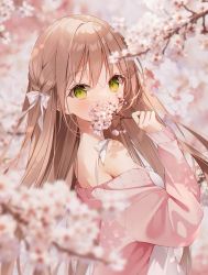 Rule 34 | 1girl, bare shoulders, cherry blossoms, green eyes, hair between eyes, hair ribbon, highres, long hair, looking at viewer, off-shoulder sweater, off shoulder, original, ribbon, solo, sweater, weri