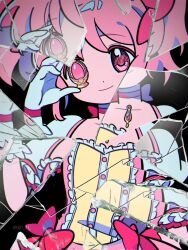 Rule 34 | 1girl, absurdres, app filter, broken glass, buttons, chest jewel, choker, chueog, closed mouth, dress, glass, gloves, hair ribbon, hand up, highres, kaname madoka, looking at viewer, magical girl, mahou shoujo madoka magica, pink dress, pink eyes, pink gemstone, pink hair, puffy short sleeves, puffy sleeves, ribbon, short sleeves, short twintails, smile, solo, soul gem, square neckline, twintails, twitter username, upper body, white gloves, white sleeves