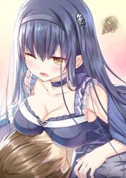 Rule 34 | 1boy, 1girl, accidental pervert, black choker, black hair, black hairband, black shirt, blue capelet, blush, bone hair ornament, breasts, brown hair, capelet, choker, cleavage, collarbone, eyelashes, face to breasts, frilled choker, frilled shirt, frills, frown, girl on top, hair between eyes, hair ornament, hair over shoulder, hairband, hetero, highres, humuyun, jitome, key (company), kushima kamome, large breasts, long hair, lying, no eyes, off shoulder, official art, on back, one eye closed, open mouth, shirt, short hair, sidelighting, simple background, skull and crossbones, skull hair ornament, solo focus, squiggle, straight hair, summer pockets, takahara hairi, tears, very long hair, yellow background, yellow eyes