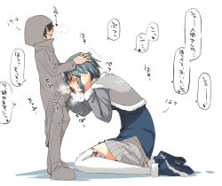 Rule 34 | 1boy, 1girl, artist request, blue hair, censored, fellatio, giant, giantess, hand on head, hetero, kneeling, mabinogi, oral, penis, saliva, short hair, simple background, size difference, skirt, translation request, white background