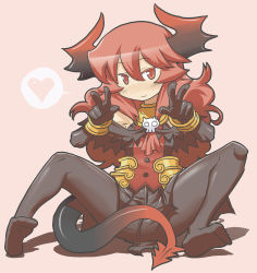 Rule 34 | 1girl, bad id, bad tumblr id, black pantyhose, blush, demon girl, demon tail, double v, dress, elbow gloves, flat chest, gloves, heart, highres, horns, long hair, maou beluzel, matsuda yuusuke, no shoes, original, pantyhose, red eyes, red hair, smile, solo, spoken heart, tail, v, yuusha to maou