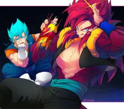 2boys blue_eyes blue_sash blue_wristband closed_mouth dougi dragon_ball dragon_ball_heroes dragon_ball_super earrings gloves gogeta gogeta_(xeno) jewelry long_hair male_focus metamoran_vest monkey_boy monkey_tail multiple_boys muscular muscular_male ommmyoh open_mouth pants potara_earrings red_fur saiyan sash smile spiked_hair super_full_power_saiyan_4_limit_breaker super_saiyan super_saiyan_4 super_saiyan_blue tail twitter_username vegetto