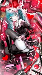Rule 34 | 1girl, aqua eyes, aqua hair, beamed eighth notes, black bra, boots, bottle, bra, breasts, brown dress, cosmetics, dress, eighth note, garter straps, hair ornament, hatsune miku, high heel boots, high heels, highres, honey whip (module), lipstick tube, long hair, long sleeves, makeup, musical note, nail polish bottle, nail polish brush, off-shoulder dress, off shoulder, pale skin, perfume bottle, pink dress, quarter note, shirubaa, small breasts, solo, squatting, staff (music), sweet devil (vocaloid), thighhighs, treble clef, twintails, underwear, very long hair, vocaloid
