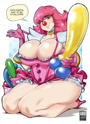 Rule 34 | 1girl, ace attorney, balloon, bayeuxman, blue background, border, breasts, bursting breasts, choker, clown, clown nose, dress, frilled dress, frills, full body, geiru toneido, gloves, gradient background, high heels, highres, huge breasts, kneeling, lips, looking at viewer, pink dress, pink footwear, pink gloves, pink hair, polka dot, polka dot background, seiza, sexually suggestive, shiny skin, short dress, shoulder pads, sitting, smile, solo, speech bubble, suspenders, text focus, white border