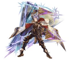 Rule 34 | 10s, 1boy, androgynous, animal ears, black footwear, black gloves, black pants, braid, cape, cat boy, cat ears, closed mouth, dagger, diamond (shape), dual wielding, elbow gloves, erune, feower (granblue fantasy), french braid, full body, gloves, granblue fantasy, hair intakes, hair ornament, holding, holding weapon, hood, hood down, knee pads, knife, male focus, minaba hideo, official art, pants, purple eyes, purple hair, sheath, shoes, short hair, sleeveless, solo, space, standing, star (sky), transparent background, turtleneck, unsheathed, weapon