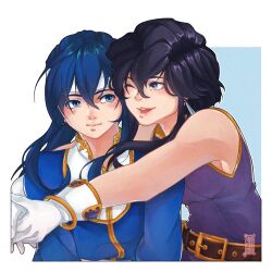 Rule 34 | 1boy, 1girl, :d, belt, black hair, blue eyes, blue hair, blush, commission, commissioner upload, earrings, fire emblem, fire emblem: genealogy of the holy war, gloves, hair between eyes, headband, hug, jewelry, larcei (fire emblem), long hair, looking at another, milkahia, nintendo, one eye closed, open mouth, purple tunic, seliph (fire emblem), shirt, short hair, simple background, smile, tunic, white headband