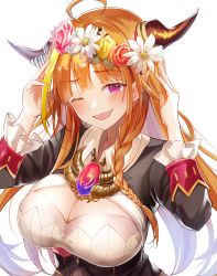 Rule 34 | 1girl, ahoge, bad id, bad twitter id, black jacket, blonde hair, blunt bangs, blush, bow, braid, breasts, brooch, chain, chain necklace, cleavage, cleavage cutout, clothing cutout, collared shirt, commentary request, diagonal-striped bow, dragon girl, dragon horns, fang, flower, flower wreath, gem, hands up, head wreath, highres, hololive, horn bow, horn ornament, horns, jacket, jewelry, kiryu coco, kiryu coco (1st costume), large breasts, long hair, looking at viewer, multicolored hair, necklace, one eye closed, open mouth, orange hair, pink flower, pink rose, pointy ears, purple eyes, rose, shirohato nui, shirt, side braid, sidelocks, simple background, single braid, skin fang, solo, streaked hair, striped, striped bow, tearing up, upper body, virtual youtuber, white background, white flower, white shirt, yellow flower, yellow rose