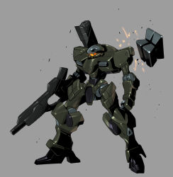 Rule 34 | assault visor, clenched hand, full body, glowing, grey background, gun, gundam, gundam suisei no majo, highres, holding, holding gun, holding weapon, mecha, mobile suit, no humans, robot, sanbonzuno, shoulder cannon, solo, weapon, zowort heavy