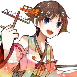 Rule 34 | 10s, bare shoulders, blue eyes, blush, brown hair, cannon, detached sleeves, hairband, headgear, hiei (kancolle), itomugi-kun, japanese clothes, kantai collection, nontraditional miko, open mouth, personification, short hair, skirt, smile, turret