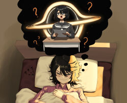 Rule 34 | 1girl, :o, ?, absurdres, bed, black hair, black sailor collar, blanket, closed eyes, closed mouth, collared shirt, desk, dreaming, ellinyse, glasses, grey neckerchief, highres, holding, holding paper, jewelry, long sleeves, momijiyama teru, multiple views, neckerchief, paper, pillow, red shirt, ring, sailor collar, school desk, school uniform, shirt, short hair, shy (series), sleeping, thought bubble, wavy mouth
