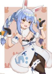 Rule 34 | 1girl, :d, animal ear fluff, animal ears, bare shoulders, black gloves, black leotard, black pantyhose, blue hair, blush, braid, breasts, bridal garter, carrot hair ornament, coat, coat dress, cutout above navel, detached sleeves, don-chan (usada pekora), dress, feet out of frame, food-themed hair ornament, fur-trimmed coat, fur-trimmed gloves, fur scarf, fur trim, gloves, hair ornament, highres, hikimayu, hololive, knee up, leg up, legwear garter, leotard, leotard under clothes, long hair, looking at viewer, multicolored hair, open mouth, orange eyes, pantyhose, playboy bunny, potemaka, puffy short sleeves, puffy sleeves, rabbit-shaped pupils, rabbit ears, rabbit girl, rabbit pose, rabbit tail, scarf, short eyebrows, short sleeves, single legwear garter, small breasts, smile, solo, standing, standing on one leg, strapless, strapless coat, strapless dress, strapless leotard, swept bangs, symbol-shaped pupils, tail, teeth, twin braids, twintails, two-tone hair, upper teeth only, usada pekora, usada pekora (1st costume), virtual youtuber, white coat, white hair, white scarf, white sleeves