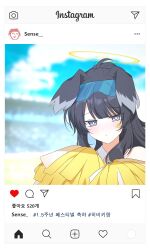 Rule 34 | 1girl, animal ears, blue archive, blue eyes, check translation, dog ears, doodle sensei (blue archive), goggles, goggles on head, grey hair, halo, hibiki (blue archive), hibiki (cheer squad) (blue archive), highres, instagram, korean text, long hair, looking at viewer, seno (senohime), sensei (blue archive), solo, translation request