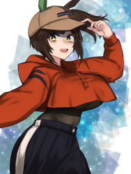 Rule 34 | 1girl, absurdres, animal ears, baseball cap, blush, bodystocking, breasts, bright pupils, brown hair, contrapposto, covered navel, cowboy shot, crop top, crop top overhang, cropped hoodie, ear covers, ears through headwear, english text, from side, green eyes, hair through headwear, hat, highres, holding, holding clothes, holding hat, hood, hoodie, horse ears, horse girl, horse tail, ines fujin (umamusume), kojima (blue stardust), large breasts, leotard, leotard under clothes, long hair, long sleeves, looking at viewer, open mouth, orange hoodie, pants, selfie, side ponytail, sidelocks, simple background, single ear cover, smile, solo, tail, track pants, umamusume
