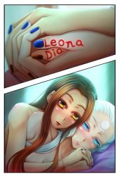 Rule 34 | 2girls, bad id, bad pixiv id, blue eyes, blue nails, breasts, brown hair, cleavage, cuddling, diana (league of legends), fingernails, gradient background, highres, holding hands, interlocked fingers, league of legends, leona (league of legends), long hair, multiple girls, nail polish, oldlim, red nails, white hair, yellow eyes, yuri