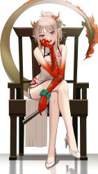 Rule 34 | 1girl, absurdres, arknights, bare legs, beads, braid, chair, china dress, chinese clothes, chinese commentary, commentary request, crossed legs, dragon girl, dragon horns, dragon tail, dress, earrings, folded fan, folding fan, full body, gou d, hair ornament, hair stick, hand fan, hand on own face, high heels, highres, holding, holding fan, horns, jewelry, looking at viewer, multicolored hair, nian (arknights), nian (unfettered freedom) (arknights), official alternate costume, parted bangs, pelvic curtain, pointy ears, ponytail, prayer beads, pumps, purple eyes, red hair, reflection, reflective floor, short hair, side braid, silver hair, simple background, sitting, sleeveless, sleeveless dress, solo, streaked hair, tail, two-tone hair, white background, white dress, white footwear