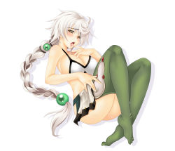 Rule 34 | 10s, 1girl, absurdres, alternate costume, ass, asymmetrical hair, bikini, bikini top only, bra, breasts, cloud print, cupless bra, from side, green thighhighs, hand on leg, hand on own thigh, hand to own mouth, highres, kantai collection, large breasts, lips, long hair, looking at viewer, midriff, miniskirt, nipples, no panties, open mouth, pleated skirt, silver hair, simple background, skirt, swimsuit, take toshiaki, thighhighs, thighs, underwear, unryuu (kancolle), very long hair, white background, yellow eyes