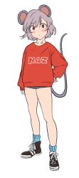 Rule 34 | 1girl, alternate costume, animal ears, bad id, bad pixiv id, blush stickers, grey hair, long sleeves, looking at viewer, mouse ears, mouse tail, nazrin, red eyes, shirt, short hair, short shorts, shorts, solo, tail, touhou, toujou (toujou ramen)