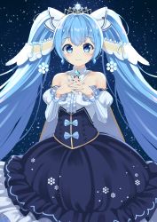 Rule 34 | 1girl, absurdres, bare shoulders, blue eyes, blue hair, blurry, chibi, collarbone, commentary request, depth of field, detached collar, detached sleeves, gem, hair between eyes, hair ornament, hatsune miku, highres, long hair, long sleeves, looking at viewer, off shoulder, own hands together, puffy detached sleeves, puffy sleeves, shinko gunsei, sidelocks, snowing, solo, strapless, tiara, twintails, vocaloid, yuki miku, yuki miku (2019)