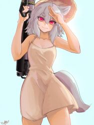 Rule 34 | 1girl, animal ears, blue background, breasts, brown dress, brown hat, cleavage, collarbone, crossover, dress, gun, halo (series), hat, head tilt, highres, holding, holding gun, holding weapon, inubashiri momiji, looking at viewer, m41 spnkr, ramnik5, red eyes, rocket launcher, salute, smile, solo, sun hat, sundress, tail, thick eyebrows, touhou, v-shaped eyebrows, weapon, wolf ears, wolf girl, wolf tail