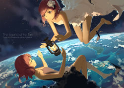 Rule 34 | 10s, 2girls, bare arms, bare shoulders, barefoot, black dress, closed eyes, dress, dual persona, earth (planet), english text, flower, hair flower, hair ornament, highres, huanxiang heitu, hurricane lantern, lantern, love live!, love live! school idol project, md5 mismatch, multiple girls, nishikino maki, planet, red eyes, red hair, resolution mismatch, source larger, space, strapless, strapless dress, white dress