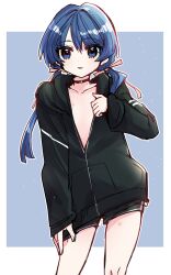 Rule 34 | 1girl, black choker, black jacket, black shorts, blue background, blue eyes, blue hair, border, choker, collarbone, commentary request, contrapposto, dark blue hair, feet out of frame, flat chest, hair ribbon, hand on own chest, hickey, highres, hood, hood down, hooded jacket, jacket, kanduki kamibukuro, light particles, link! like! love live!, long hair, looking at viewer, love live!, mole, mole on neck, murano sayaka, no bra, outline, outside border, parted lips, partially unzipped, pink ribbon, ribbon, shorts, solo, virtual youtuber, white border, white outline