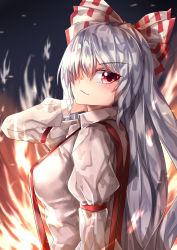 Rule 34 | 1girl, absurdres, blouse, bow, breasts, closed mouth, commentary request, fire, from side, fujiwara no mokou, grey hair, hair between eyes, hair bow, hair over one eye, hand on own shoulder, highres, juliet sleeves, long hair, long sleeves, looking at viewer, looking to the side, mahoro (minase mahoro), medium breasts, puffy sleeves, red eyes, shirt, solo, suspenders, touhou, upper body, very long hair, white bow, white shirt