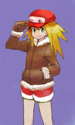 Rule 34 | 1girl, blonde hair, brown gloves, cabbie hat, capcom, closed mouth, gloves, green eyes, hat, highres, jacket, long hair, looking at viewer, mega man (series), mega man legends (series), purple background, red hat, roll caskett (mega man), shorts, simple background, smile, solo, yamamoto souichirou