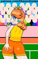 Rule 34 | 1girl, absurdres, ass, ass focus, back, bare shoulders, blue eyes, blush, brown hair, chaoschrome, crown, earrings, from behind, highres, jewelry, looking at viewer, mario (series), mario tennis, nintendo, orange shorts, peace symbol, princess daisy, shirt, short hair, shorts, sleeveless, sleeveless shirt, smile, solo, spread ass, super mario land, thick thighs, thighs, tomboy, v, yellow shirt