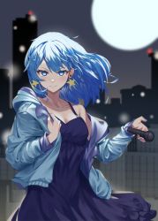 Rule 34 | 1girl, absurdres, blue dress, blue eyes, blue hair, blue jacket, blue nails, blush, breasts, building, city, cleavage, collarbone, dress, earrings, full moon, gawuiiiaguiii, hair between eyes, hair down, highres, holding, holding microphone, hololive, hood, hooded jacket, hoshimachi suisei, jacket, jewelry, long hair, long sleeves, looking at viewer, medium breasts, microphone, moon, nail polish, night, open clothes, open jacket, single bare shoulder, solo, star (symbol), star earrings, star in eye, symbol in eye, v-shaped eyebrows, virtual youtuber, wind