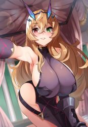 Rule 34 | 1girl, armpits, bare shoulders, black dress, blonde hair, breasts, dress, barghest (fate), barghest (second ascension) (fate), fate/grand order, fate (series), gauntlets, green eyes, heterochromia, highres, horns, huge breasts, kneeling, leaning forward, long hair, looking at viewer, outstretched arm, parted lips, pelvic curtain, red eyes, sezok, sideboob, single gauntlet, solo, thighs