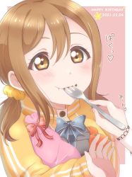 Rule 34 | 1girl, alternate costume, artist name, artist request, blush, box, breasts, brown eyes, brown hair, commentary request, eating, female focus, food, fork, fruit, gift, gift box, hair between eyes, hair ornament, hair scrunchie, highres, holding, holding fork, holding gift, jacket, kunikida hanamaru, light brown hair, long hair, looking at viewer, love live!, love live! school idol festival, love live! sunshine!!, matching hair/eyes, nail, nail polish, orange (fruit), parted lips, pink nails, pink nails, scrunchie, smile, solo, translated, translation request, twintails, upper body, yellow eyes, yellow jacket, yellow scrunchie
