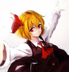 Rule 34 | 1girl, ascot, black skirt, black vest, blonde hair, bloom, buttons, collared shirt, dutch angle, hair ribbon, highres, long sleeves, looking at viewer, lumo 1121, outstretched arms, red eyes, red ribbon, ribbon, rumia, shirt, short hair, skirt, skirt set, smile, solo, spread arms, touhou, upper body, vest, white shirt