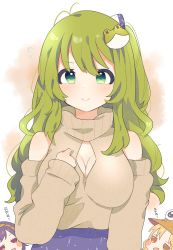 Rule 34 | 3girls, :&gt;, alternate costume, bare shoulders, blonde hair, blue skirt, breasts, cleavage, cleavage cutout, clenched hand, closed mouth, clothing cutout, commentary request, flying sweatdrops, frog hair ornament, green eyes, green hair, grey sweater, hair ornament, hand up, highres, kochiya sanae, large breasts, long hair, long sleeves, looking at viewer, medium breasts, moriya suwako, multiple girls, necono (nyu6poko), orange eyes, purple hair, red eyes, skirt, smile, solo focus, split mouth, sweater, touhou, turtleneck, turtleneck sweater, upper body, yasaka kanako
