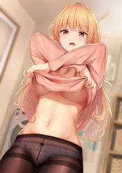 Rule 34 | 1girl, ahoge, blonde hair, blurry, breasts, brown pantyhose, commentary, cowboy shot, depth of field, fang, highres, indoors, large breasts, long hair, long sleeves, looking at viewer, monaka curl, navel, no bra, no pants, open mouth, original, panties, panties under pantyhose, pantyhose, pink shirt, red eyes, shirt, solo, standing, stomach, thighband pantyhose, underboob, underwear, undressing
