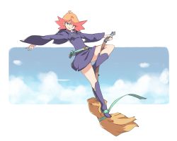 Rule 34 | 1girl, amanda o&#039;neill, broom, broom riding, closed mouth, commentary, dress, english commentary, green eyes, little witch academia, long sleeves, looking at viewer, multicolored hair, orange hair, purple dress, red hair, sash, short dress, short hair, simple background, smile, solo, two-tone hair, vins-mousseux, wide sleeves