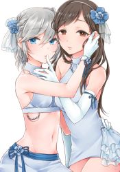 Rule 34 | 10s, 2girls, anastasia (idolmaster), bad id, bad pixiv id, bare shoulders, blue eyes, brown eyes, brown hair, earrings, finger to another&#039;s mouth, gloves, groin, hair ornament, hairband, highres, idolmaster, idolmaster cinderella girls, jewelry, long hair, looking at viewer, mironomeo, multiple girls, navel, nitta minami, short hair, silver hair, white background, white gloves, yuri